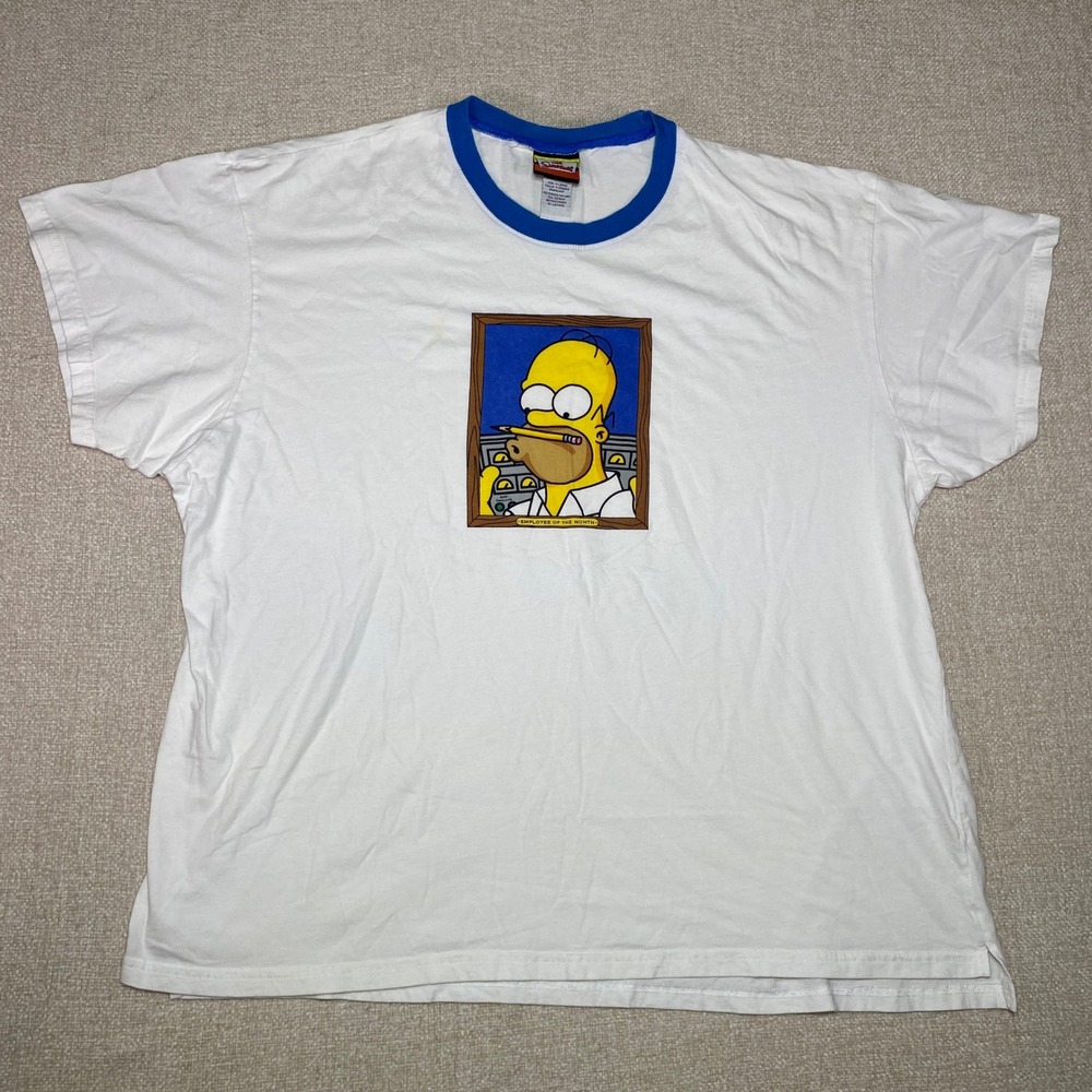 VTG 2006 The Simpsons Homer Employee of the Month Ringer T-Shirt XL White Blue